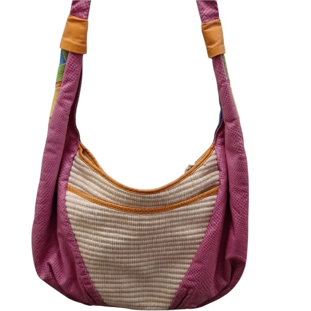 Sharif vintage pink green yellow orange cream leather woven western hobo bag